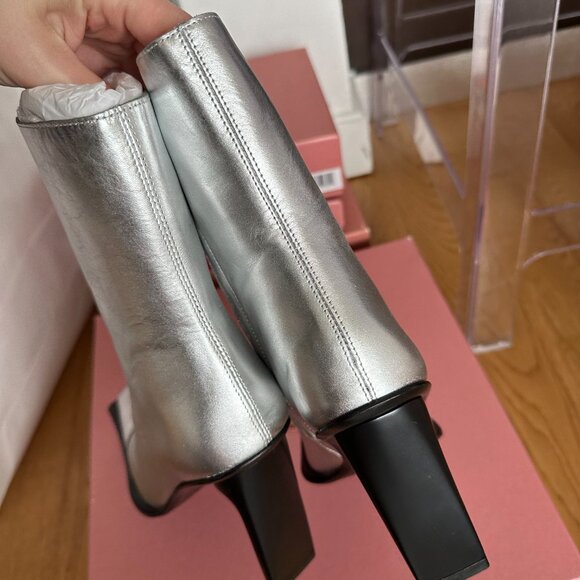 NWT Cult Gaia Dita Heeled Boots Sz 7 in Shiny Silver Metallic Leather Square Toe - Picture 7 of 10